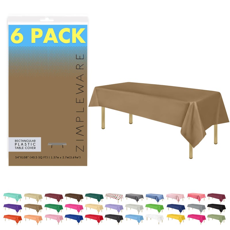 ZIMPLEWARE Premium Gold Plastic Table Cloth Disposable (6 Pk) Plastic Tablecloths for Rectangle Tables (54in x 108in) Party Table Cloths Disposable for 6ft to 8ft Rectangle Tables - Image 1